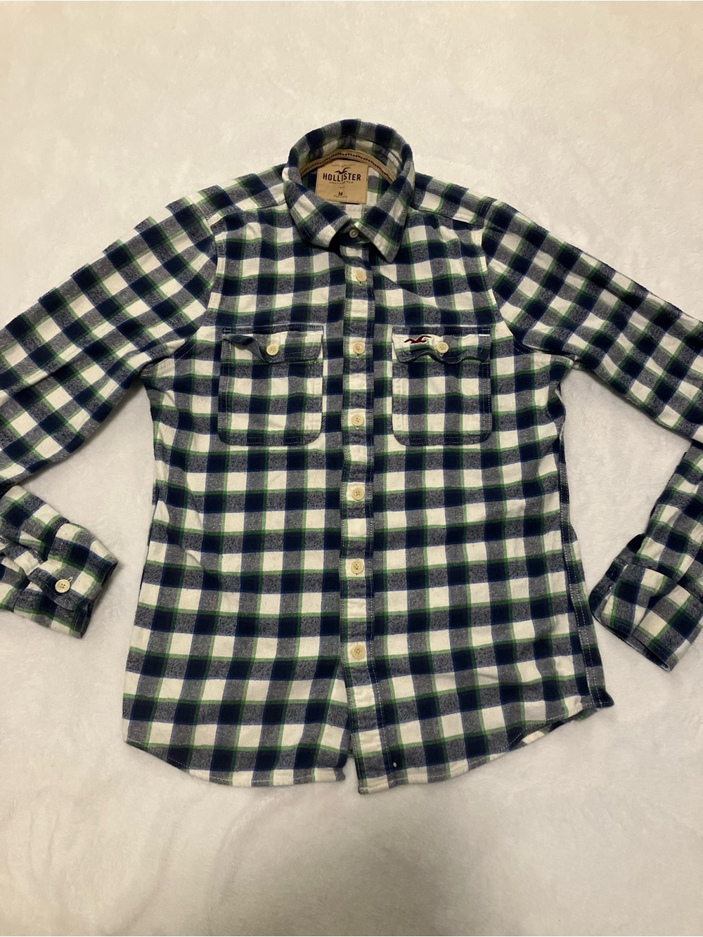 Hollister Green, Navy and White Plaid Button-Down Shirt
